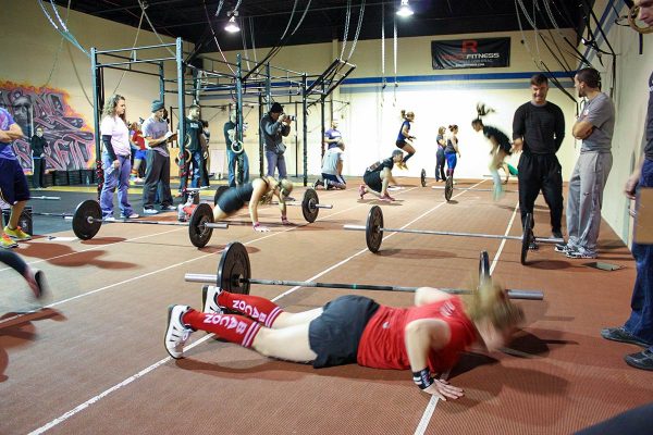 CrossFit athletes doing burpees