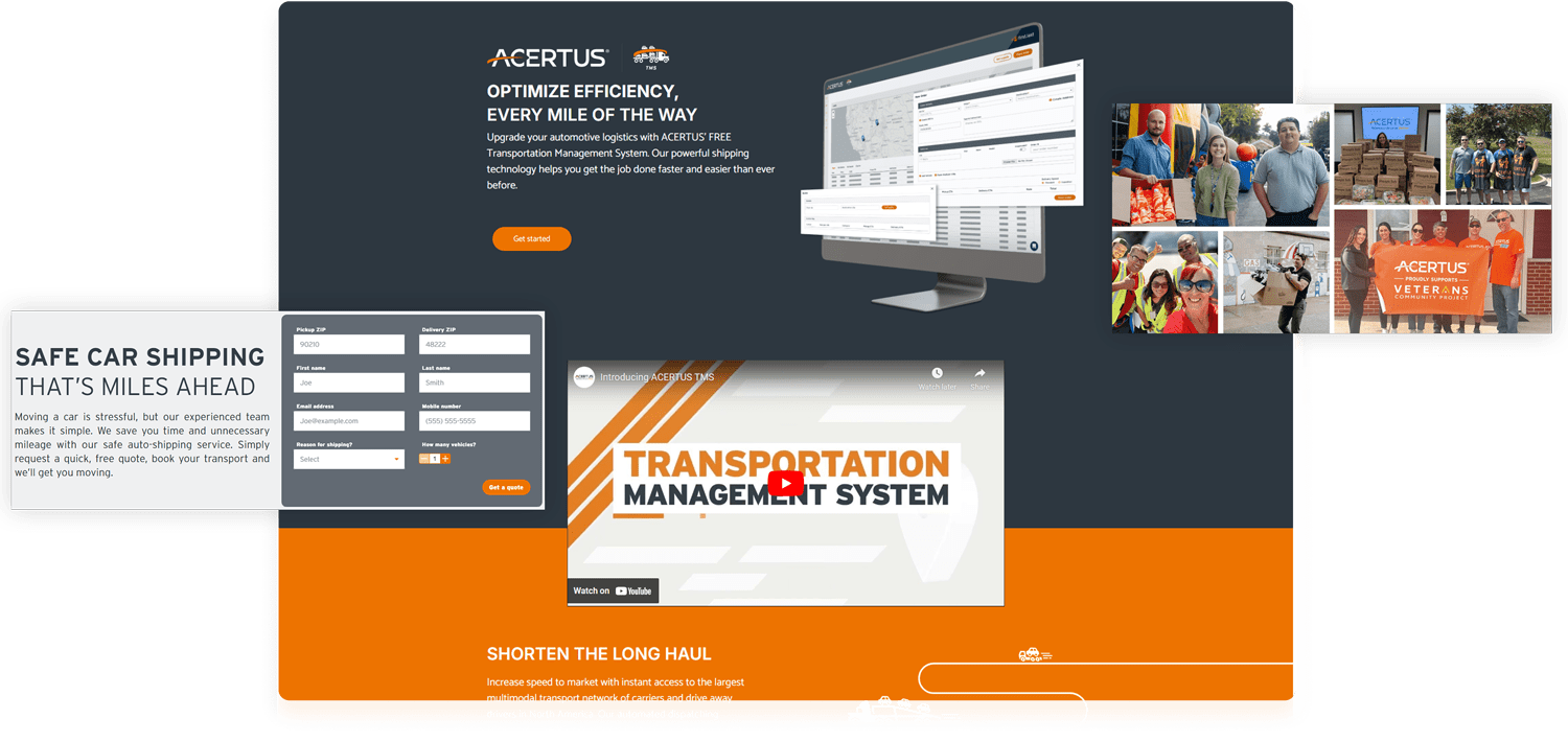 Acertus screenshot of homepage, form, and images