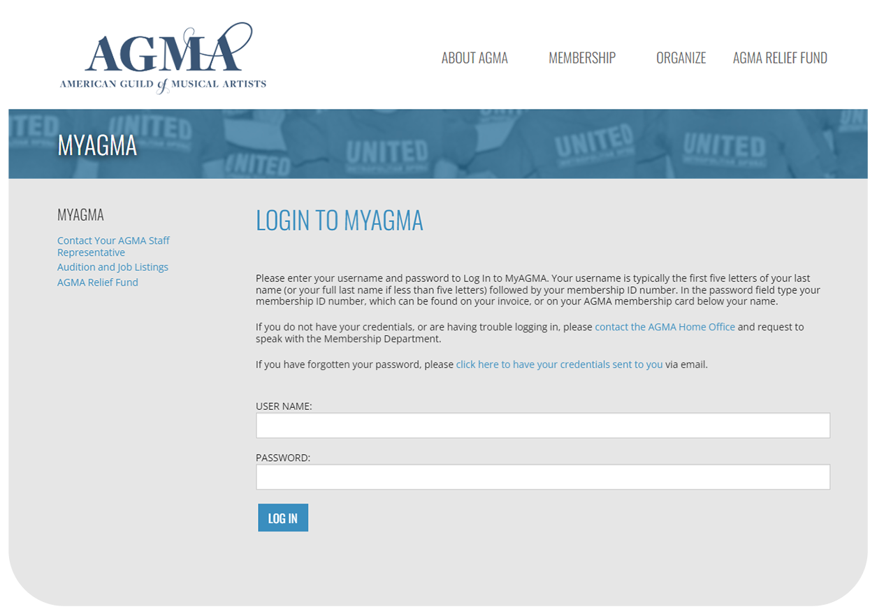 AGMA login page screenshot