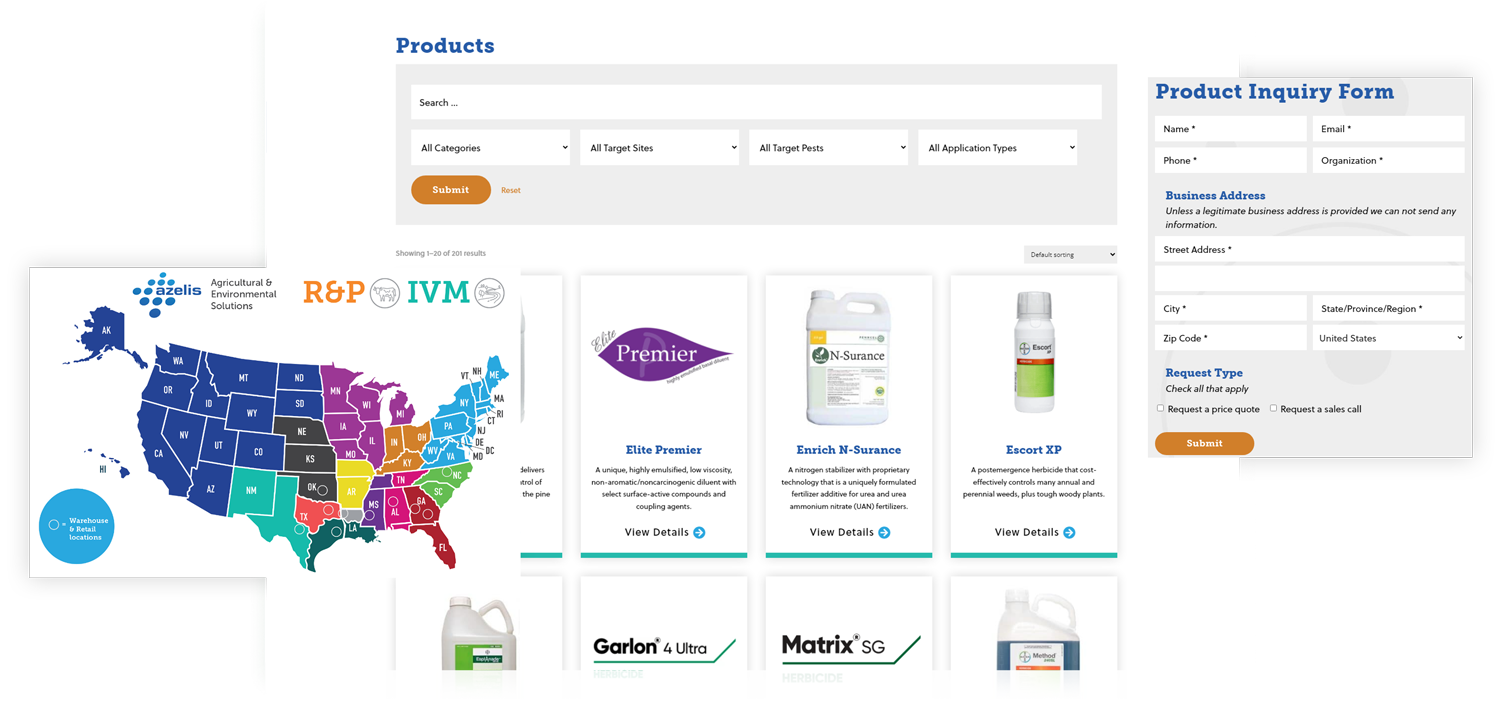 Azelis products page screenshot, with product inquiry form, and map